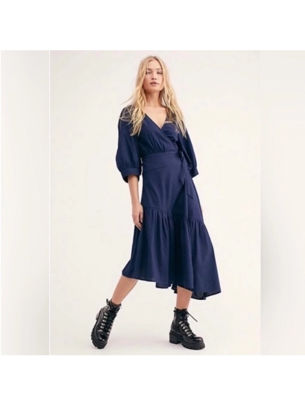 Free People Cottagecore Blue Linen Puff Sleeve Wrap Midi Dress Feminine Fall